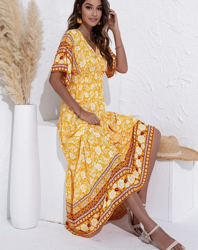 Rayon Floral Print  Long  Women  Summer Robe  Casual  V-neck  Maxi  Vintage  Bohemian  Beach Boho Dress