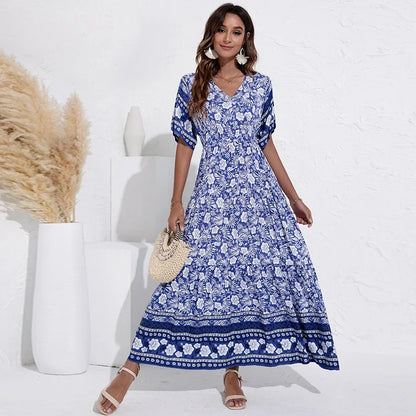 Rayon Floral Print  Long  Women  Summer Robe  Casual  V-neck  Maxi  Vintage  Bohemian  Beach Boho Dress