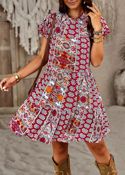 Rayon Floral Print  Mini  Women  Beach Holiday  Loose  Ruffles Sleeve  Short  Summer Vintage Boho Dress