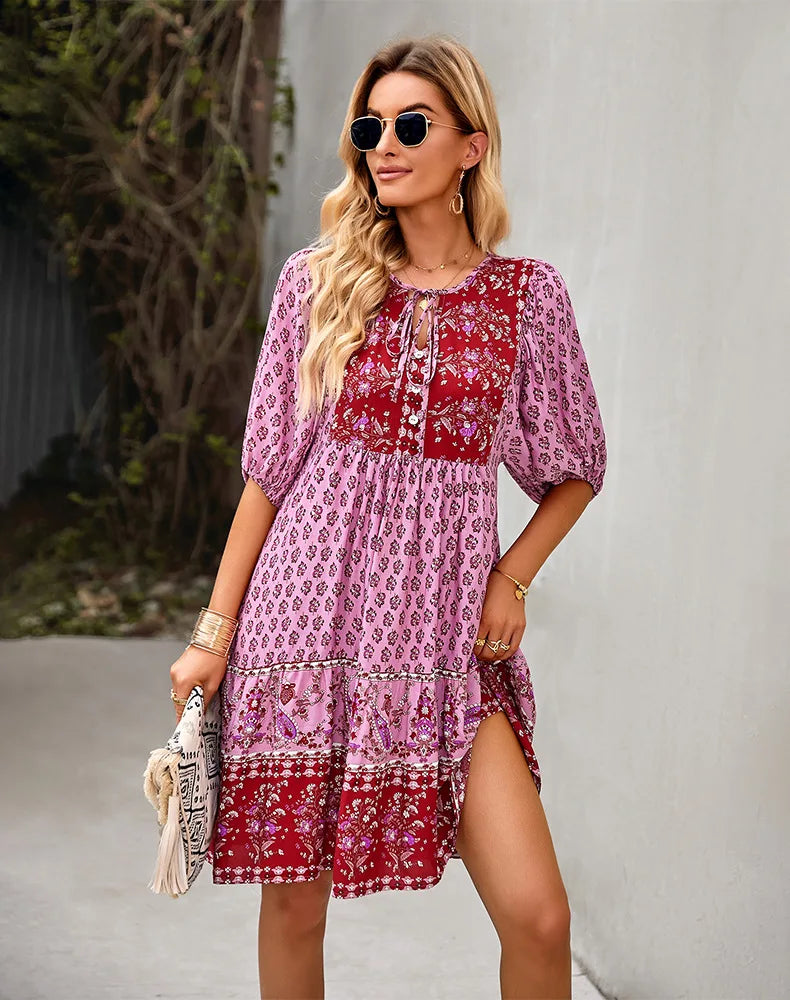 Summer  Women  Rayon Floral Print  Casual  Half Sleeve  Loose  A-Line 2024  Vintage  Mini  Short Robe Boho Dress