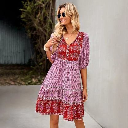 Summer  Women  Rayon Floral Print  Casual  Half Sleeve  Loose  A-Line 2024  Vintage  Mini  Short Robe Boho Dress