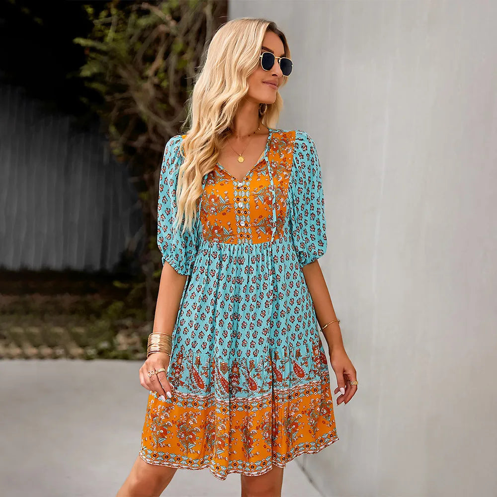 Summer  Women  Rayon Floral Print  Casual  Half Sleeve  Loose  A-Line 2024  Vintage  Mini  Short Robe Boho Dress