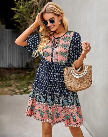 Summer  Women  Rayon Floral Print  Casual  Half Sleeve  Loose  A-Line 2024  Vintage  Mini  Short Robe Boho Dress