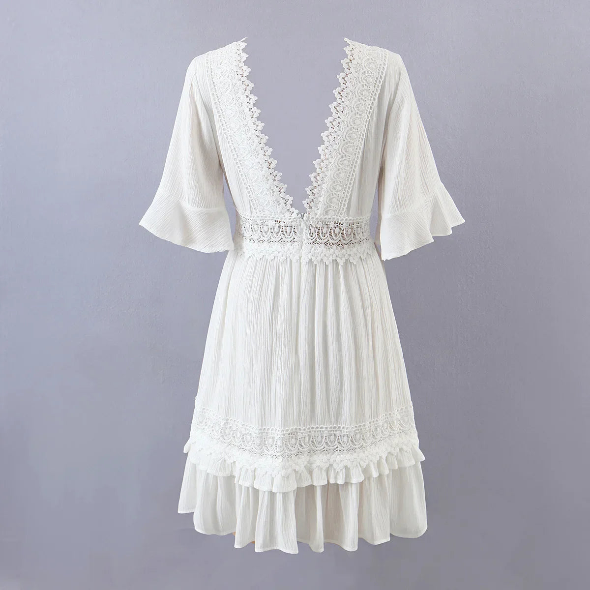 White Lace  Mini  For Women  Robe  Sexy  Deep V  Short  Ruffles Sleeve  Summer  Party  Casual  Beach  Vestidos Boho Dress