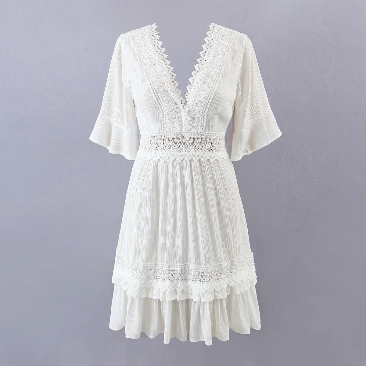 White Lace  Mini  For Women  Robe  Sexy  Deep V  Short  Ruffles Sleeve  Summer  Party  Casual  Beach  Vestidos Boho Dress