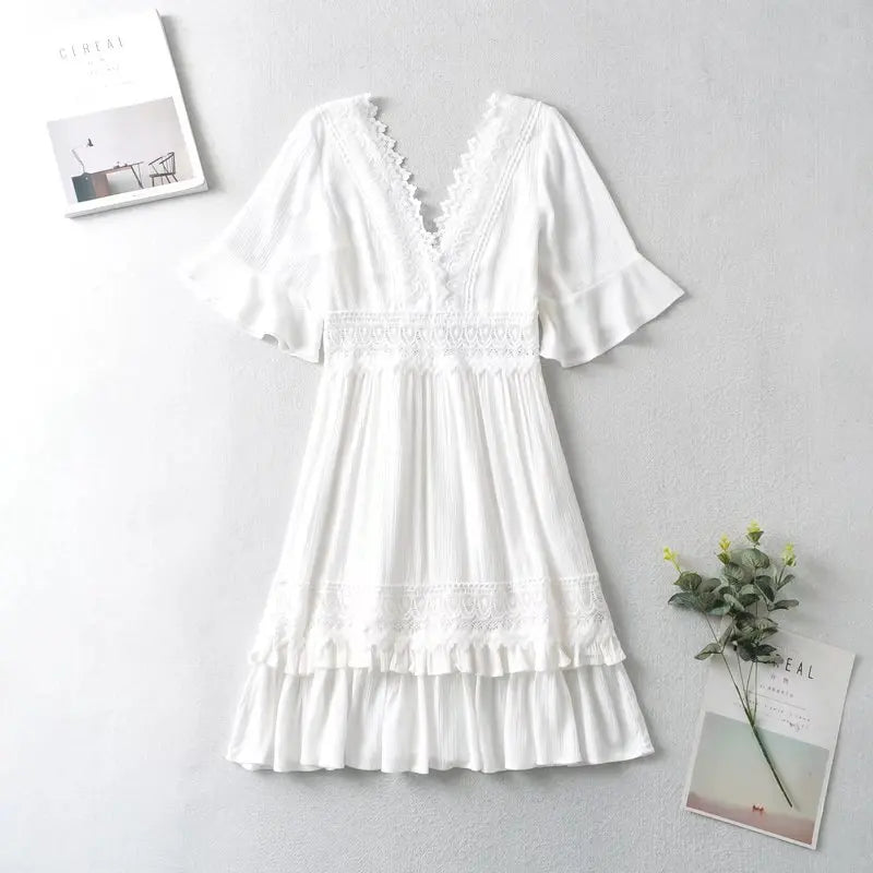 White Lace  Mini  For Women  Robe  Sexy  Deep V  Short  Ruffles Sleeve  Summer  Party  Casual  Beach  Vestidos Boho Dress