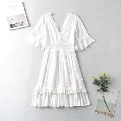 White Lace  Mini  For Women  Robe  Sexy  Deep V  Short  Ruffles Sleeve  Summer  Party  Casual  Beach  Vestidos Boho Dress