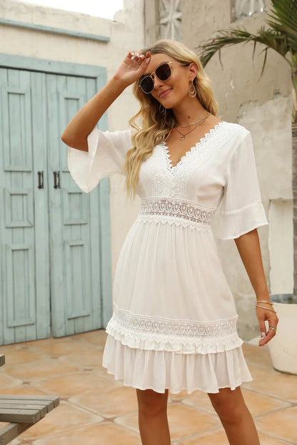 White Lace  Mini  For Women  Robe  Sexy  Deep V  Short  Ruffles Sleeve  Summer  Party  Casual  Beach  Vestidos Boho Dress