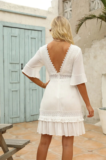 White Lace  Mini  For Women  Robe  Sexy  Deep V  Short  Ruffles Sleeve  Summer  Party  Casual  Beach  Vestidos Boho Dress