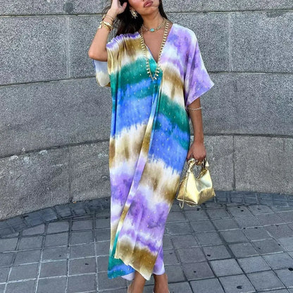 Casual  Bikini Cover Up  Women  Robe  Tie Dye  V-neck  Half Sleeve  Kaftan  Loose  Oversize  Blusas  Beach Wear  Summer Boho Dress