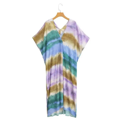 Casual  Bikini Cover Up  Women  Robe  Tie Dye  V-neck  Half Sleeve  Kaftan  Loose  Oversize  Blusas  Beach Wear  Summer Boho Dress