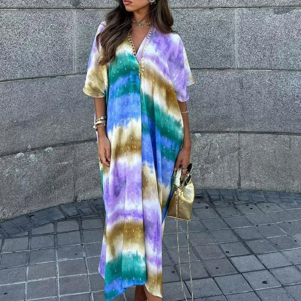 Casual  Bikini Cover Up  Women  Robe  Tie Dye  V-neck  Half Sleeve  Kaftan  Loose  Oversize  Blusas  Beach Wear  Summer Boho Dress