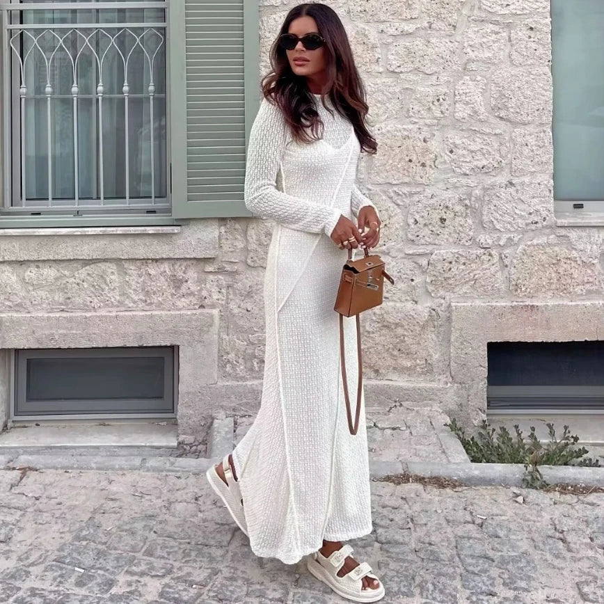 Casual  O-neck  Long Sleeve  Knitted Maxi  Women  Robe  Sexy  Backless  Long Sleeve  Autumn  Beach  Vestidos  Boho Dress