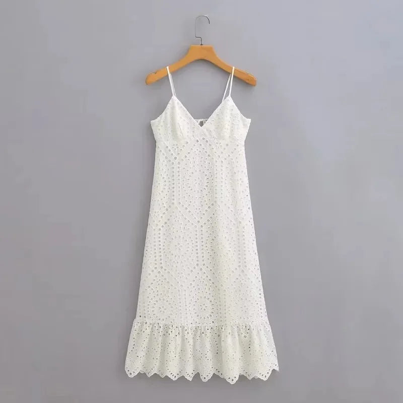 Cotton Floral Embroidery  Long  Lace  Women  Sexy  Deep V Neck  Backless  Sleeveless  Strap  Summer  Robe  Boho Dress