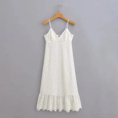 Cotton Floral Embroidery  Long  Lace  Women  Sexy  Deep V Neck  Backless  Sleeveless  Strap  Summer  Robe  Boho Dress