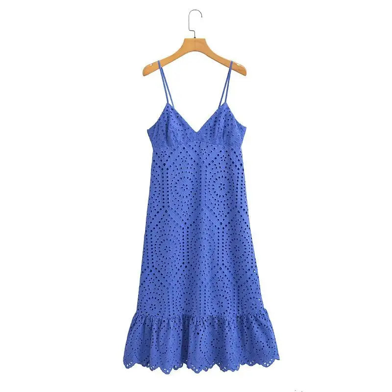 Cotton Floral Embroidery  Long  Lace  Women  Sexy  Deep V Neck  Backless  Sleeveless  Strap  Summer  Robe  Boho Dress