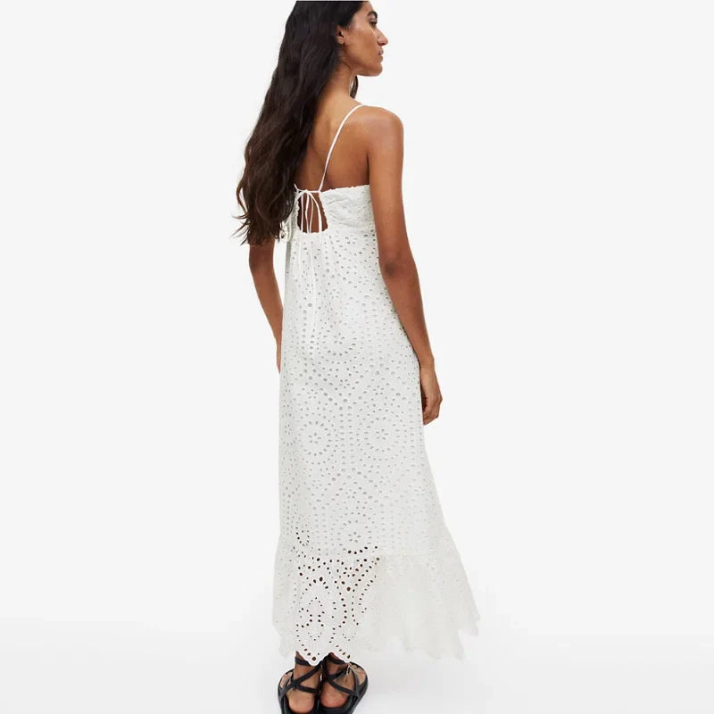 Cotton Floral Embroidery  Long  Lace  Women  Sexy  Deep V Neck  Backless  Sleeveless  Strap  Summer  Robe  Boho Dress