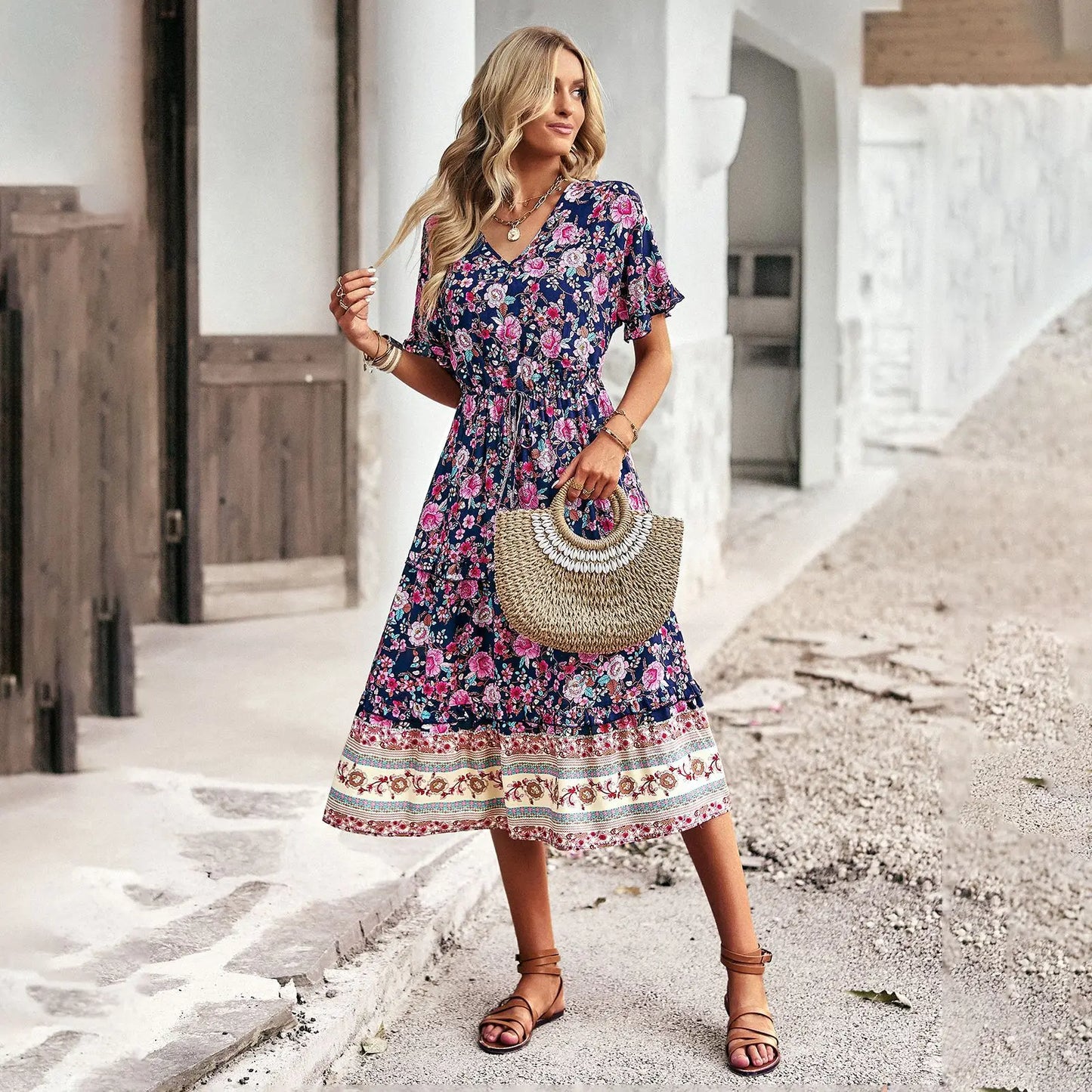 Cotton Rayon  Floral Print  Midi  Women  Casual  Ruffles  V Neck  Long  Summer  Elastic Waist  Beach  Vestidos Boho Dress