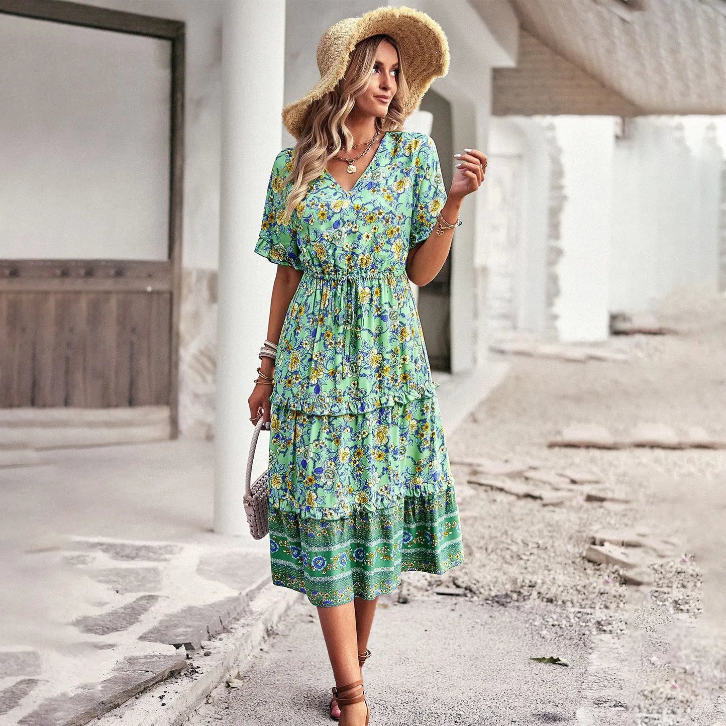 Cotton Rayon  Floral Print  Midi  Women  Casual  Ruffles  V Neck  Long  Summer  Elastic Waist  Beach  Vestidos Boho Dress