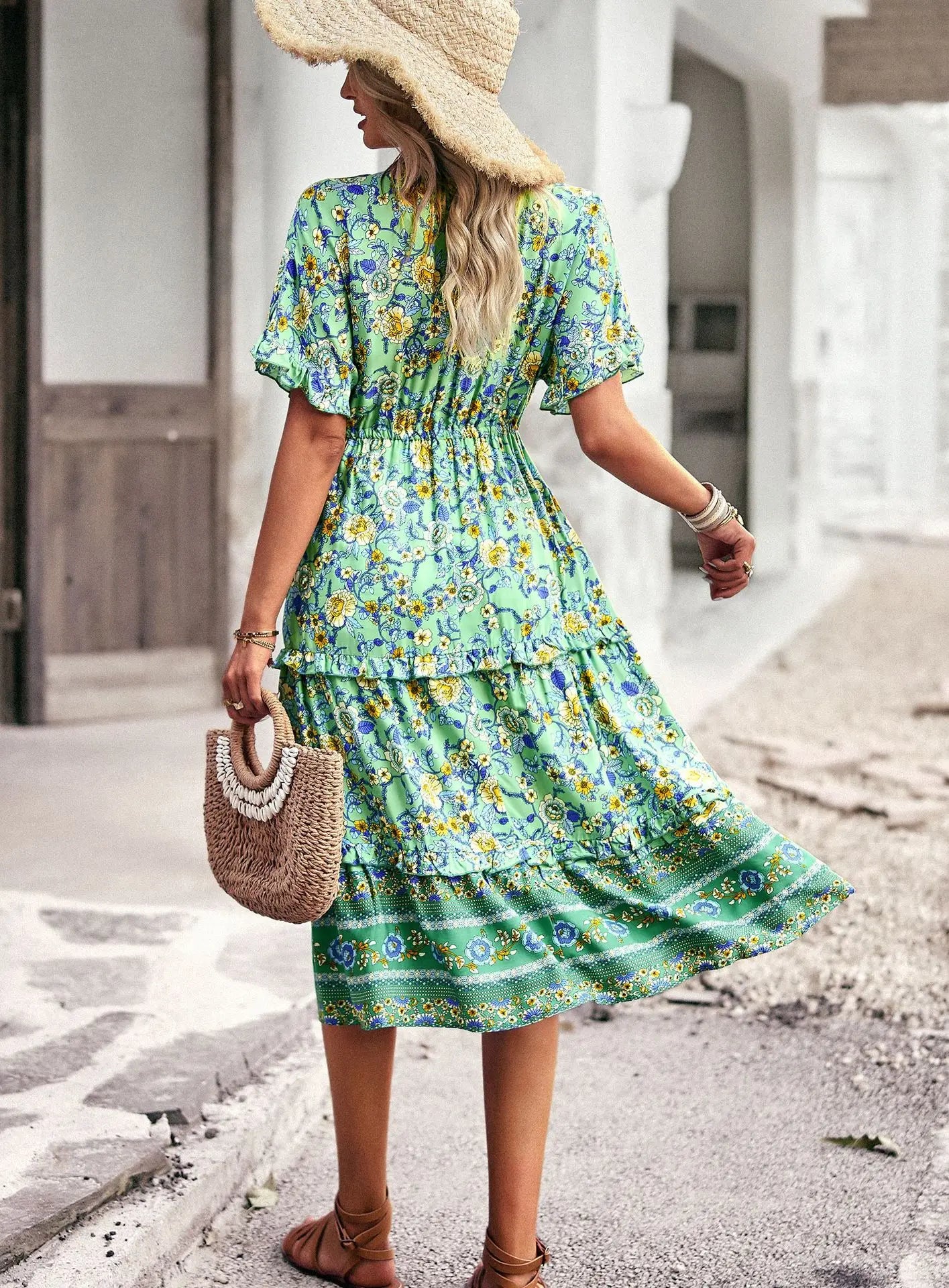 Cotton Rayon  Floral Print  Midi  Women  Casual  Ruffles  V Neck  Long  Summer  Elastic Waist  Beach  Vestidos Boho Dress