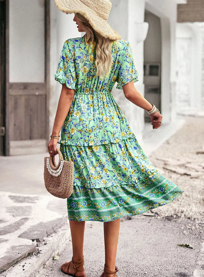 Cotton Rayon  Floral Print  Midi  Women  Casual  Ruffles  V Neck  Long  Summer  Elastic Waist  Beach  Vestidos Boho Dress