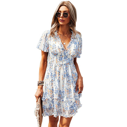 Deep V Neck  Floral Print  Chiffon  Women  Casual  Short Sleeve  Ruffles  Mini  Vintage  Ladies Boho Dress