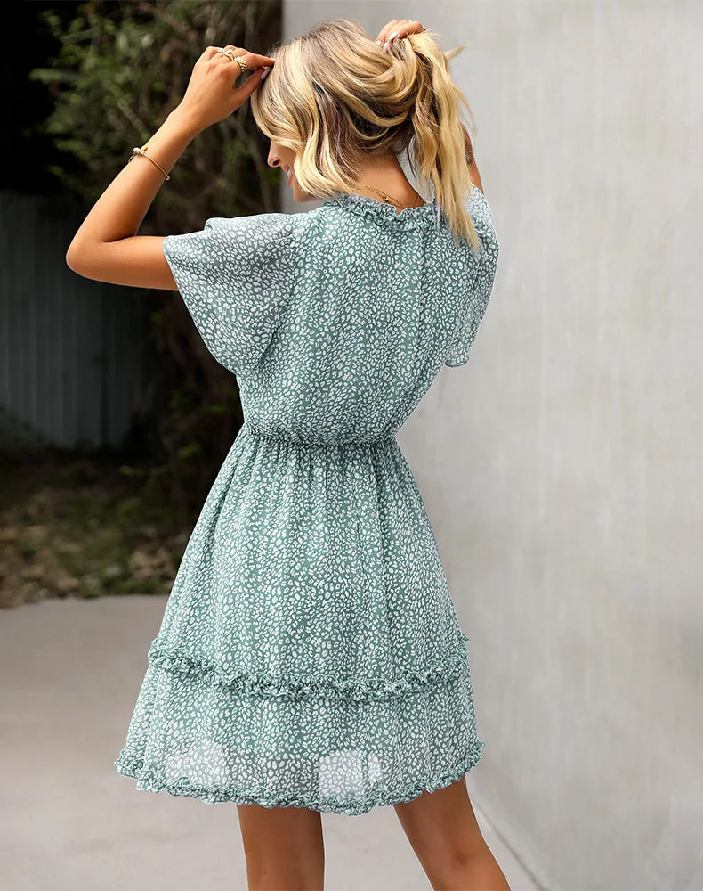 Deep V Neck  Floral Print  Chiffon  Women  Casual  Short Sleeve  Ruffles  Mini  Vintage  Ladies Boho Dress