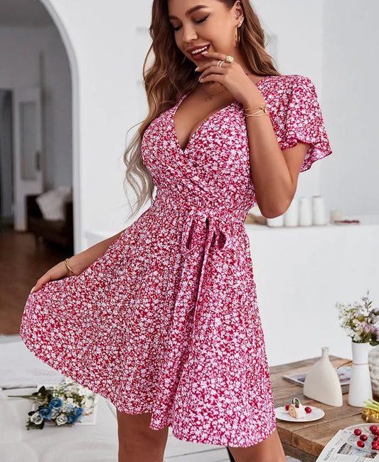 Deep V Neck  Short Sleeve  Women  Robe  Casual  Rayon  Floral Print  Mini  Summer  Beach Wear  Ladies Boho Dress