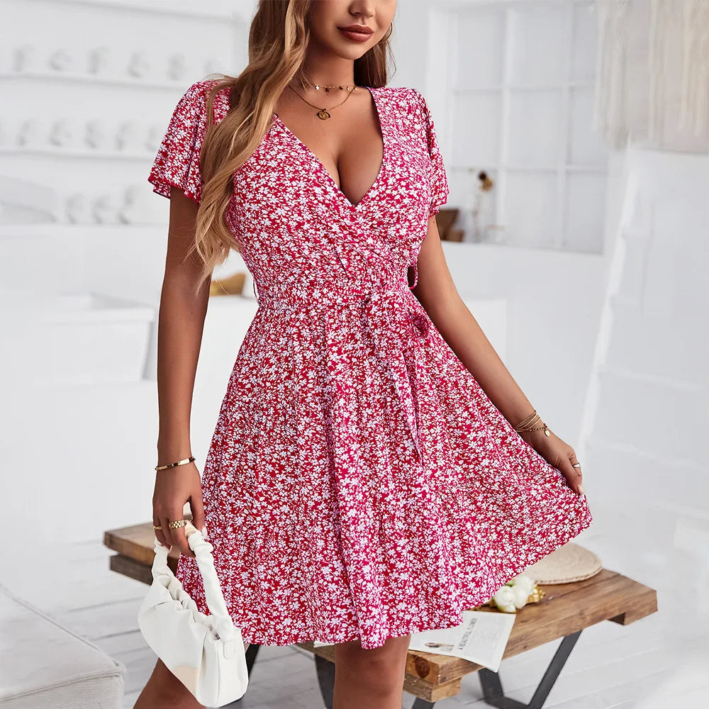 Deep V Neck  Short Sleeve  Women  Robe  Casual  Rayon  Floral Print  Mini  Summer  Beach Wear  Ladies Boho Dress