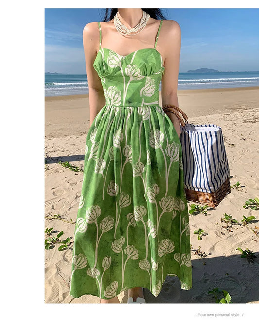 Elegant  Floral Print  Women  Casual  High Waist  Sling  Autumn 2024  Beach Wear  Big Hem  Oversize Boho Dress