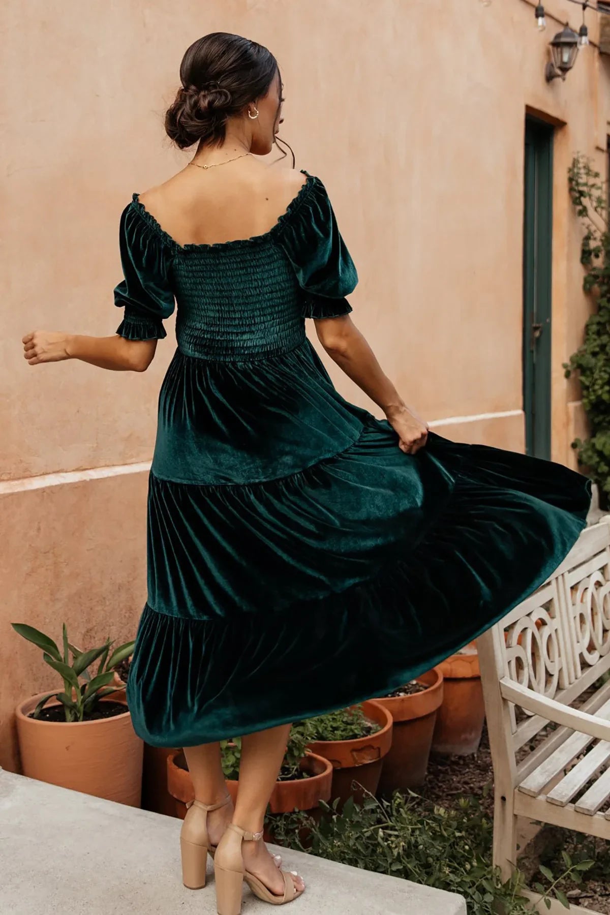 Elegant  Party  Velvet  Long  Women  Casual  Square Collar  Solid  Shirred Bust  Puff Sleeve  Ladies  Vestidos  Boho Dress