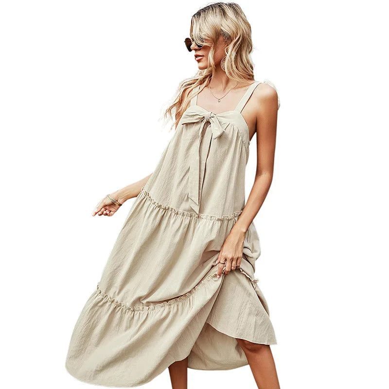 Elegant  Sexy  Suspender  For Women  Casual  Cotton  Square Collar  Backless  Ruffled  A-line  Summer  Long  Vestidos Boho Dress