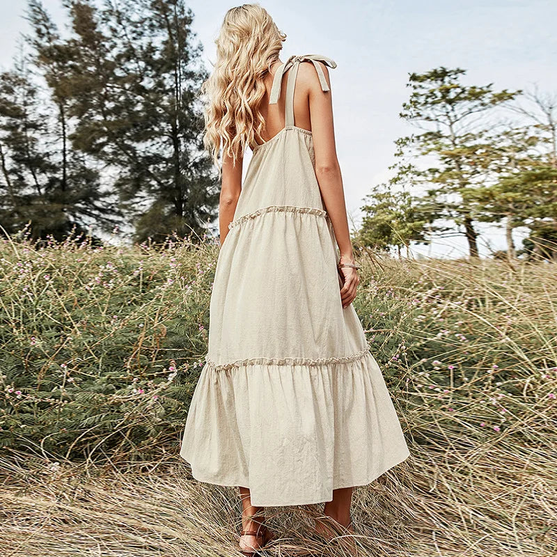 Elegant  Sexy  Suspender  For Women  Casual  Cotton  Square Collar  Backless  Ruffled  A-line  Summer  Long  Vestidos Boho Dress