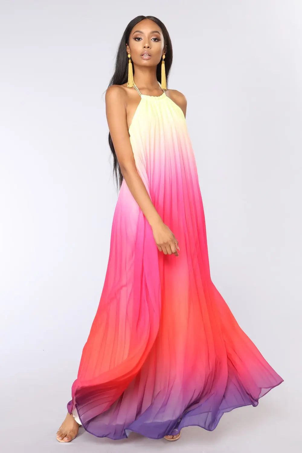 Elegant  Party  Chiffon  Rainbow Floral Print  Maxi  Women  Sexy  Backless  Halter  Long  Summer  Beach  Robe Boho Dress