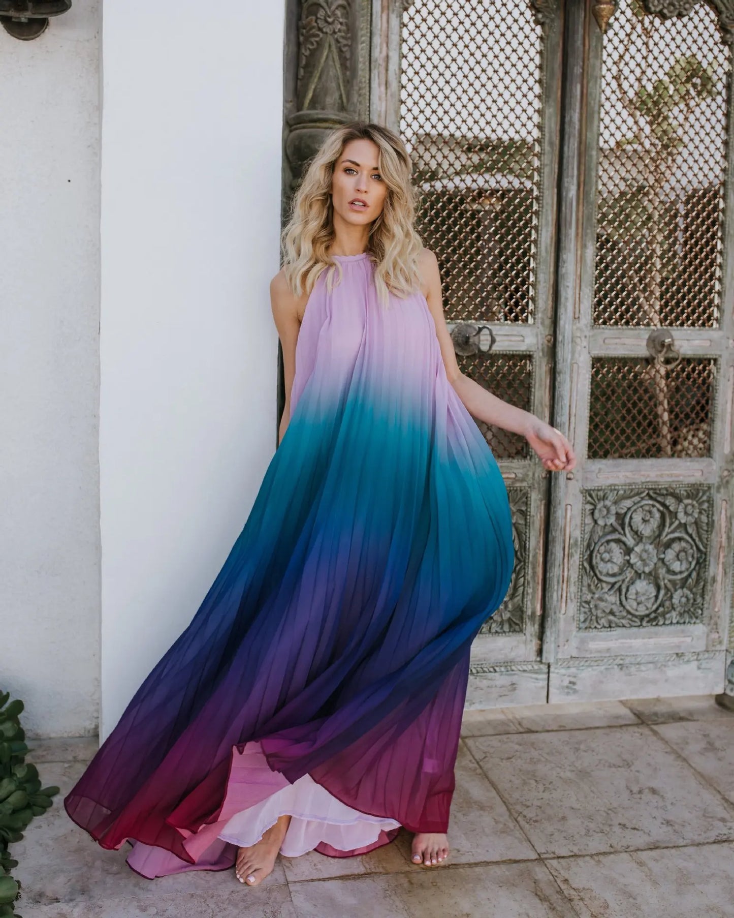 Elegant  Party  Chiffon  Rainbow Floral Print  Maxi  Women  Sexy  Backless  Halter  Long  Summer  Beach  Robe Boho Dress