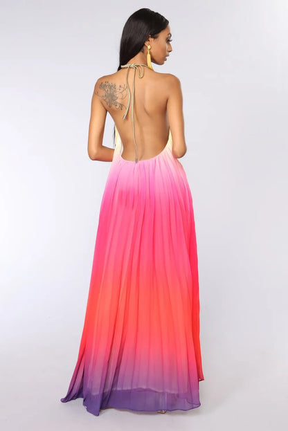 Elegant  Party  Chiffon  Rainbow Floral Print  Maxi  Women  Sexy  Backless  Halter  Long  Summer  Beach  Robe Boho Dress