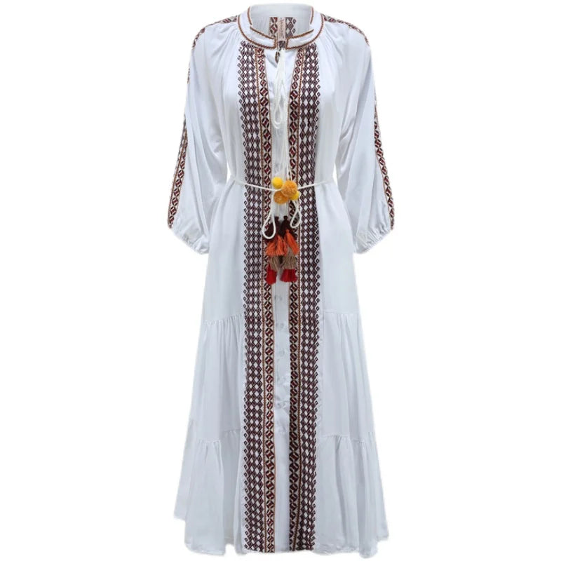 Floral Embroidery  Short Sleeve  Long  Sexy  Side  Casual  Robe  White  Straight Boho Dress