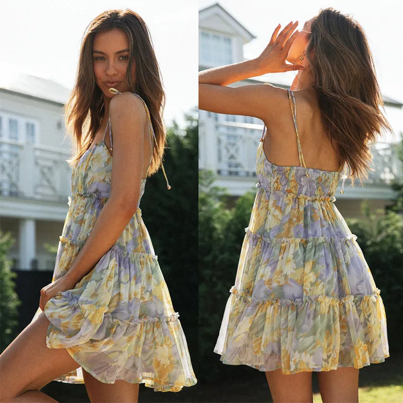 Floral Print  Chiffon  Mini  Women  Beach Wear  Summer  Sexy  Sleeveless  Strap  Short  2024  Ruffles  Vestidos Boho Dress