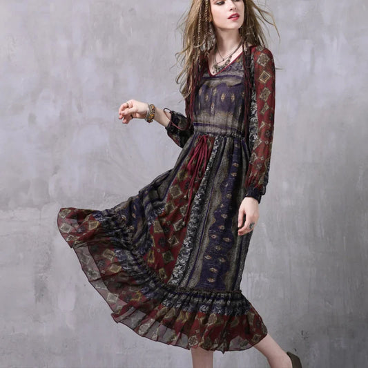 Flounced Edge  Chiffon  Long Sleeve  Vintage Print  V Neck  Elegant  Leisure  Retro Lady Boho Dress