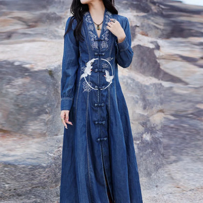 Ladies  QiPaoShi  Denim  Wind  Maxi  Retro  Swan Embroidery  Button  V Neck  Fashion Boho Dress