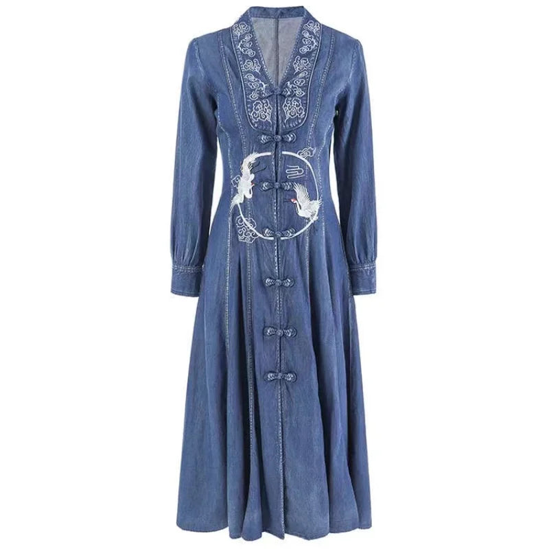 Ladies  QiPaoShi  Denim  Wind  Maxi  Retro  Swan Embroidery  Button  V Neck  Fashion Boho Dress