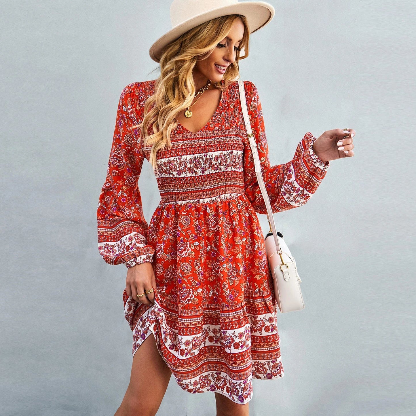 Lantern Long Sleeve  Floral Print  Short  Women  Casual  V-neck  Mini  Spring  2024  Vintage  Loose  Vestidos Boho Dress