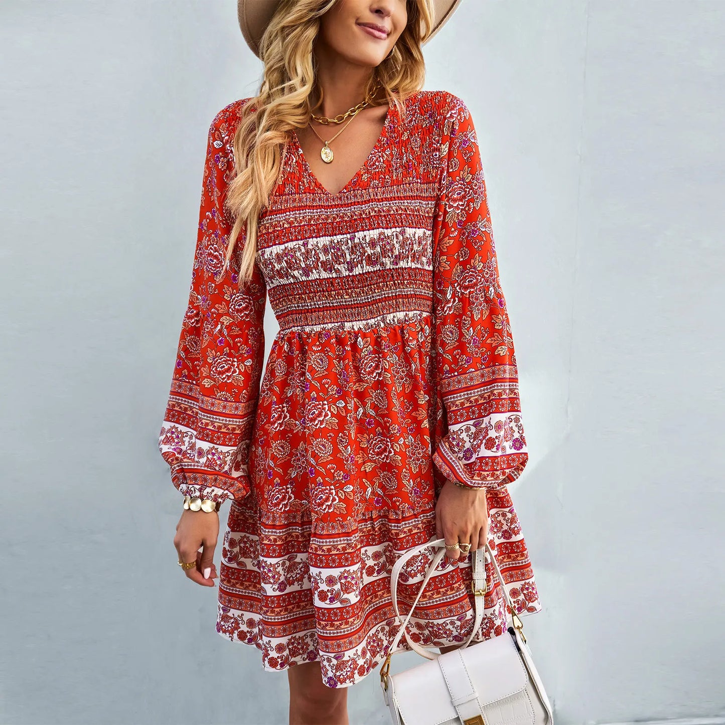 Lantern Long Sleeve  Floral Print  Short  Women  Casual  V-neck  Mini  Spring  2024  Vintage  Loose  Vestidos Boho Dress