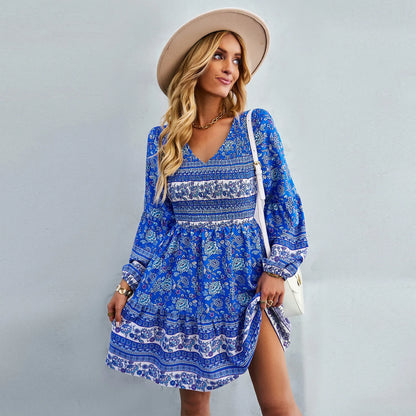 Lantern Long Sleeve  Floral Print  Short  Women  Casual  V-neck  Mini  Spring  2024  Vintage  Loose  Vestidos Boho Dress