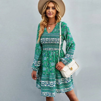 Lantern Long Sleeve  Floral Print  Short  Women  Casual  V-neck  Mini  Spring  2024  Vintage  Loose  Vestidos Boho Dress