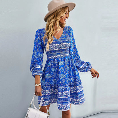 Lantern Long Sleeve  Floral Print  Short  Women  Casual  V-neck  Mini  Spring  2024  Vintage  Loose  Vestidos Boho Dress