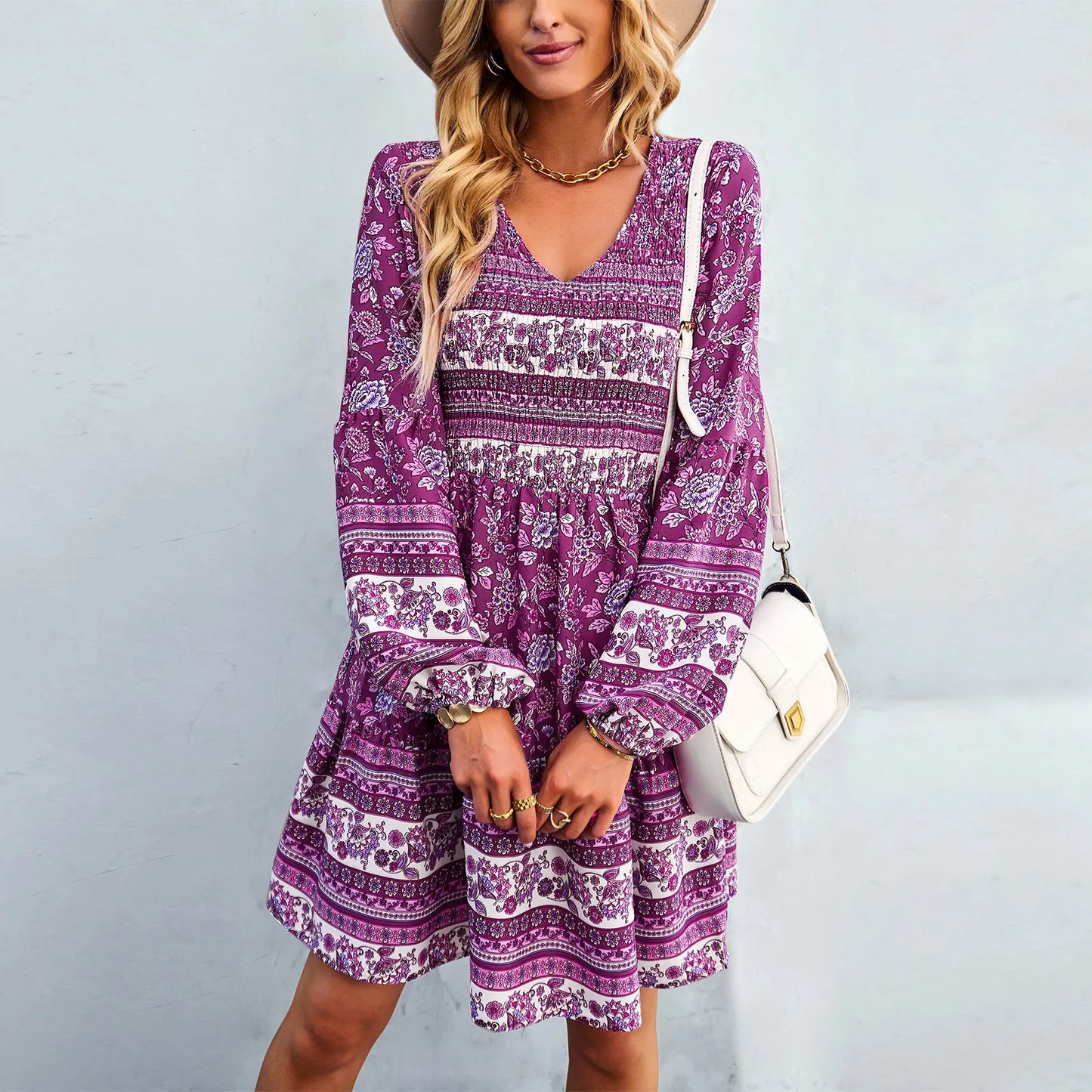 Lantern Long Sleeve  Floral Print  Short  Women  Casual  V-neck  Mini  Spring  2024  Vintage  Loose  Vestidos Boho Dress