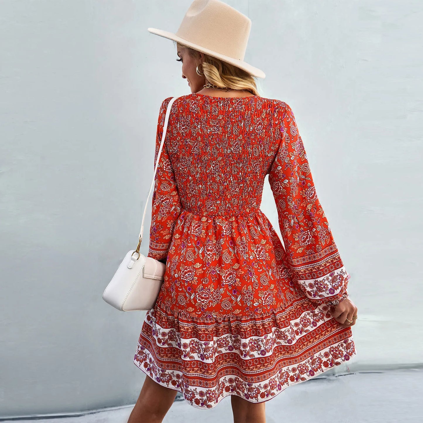 Lantern Long Sleeve  Floral Print  Short  Women  Casual  V-neck  Mini  Spring  2024  Vintage  Loose  Vestidos Boho Dress