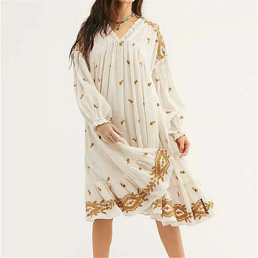 Lantern Long Sleeve  Loose  Vintage  Cotton Rayon  Embroidery  V Neck  Autumn  A-Line  Robe Boho Dress