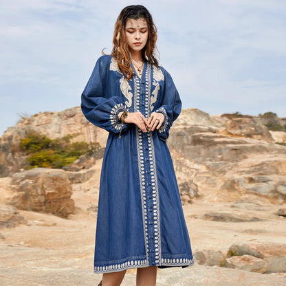 Lantern Sleeve  Summer Denim  Casual  Deep V  Embroidery  Loose  Vintage  Maxi Boho Dress